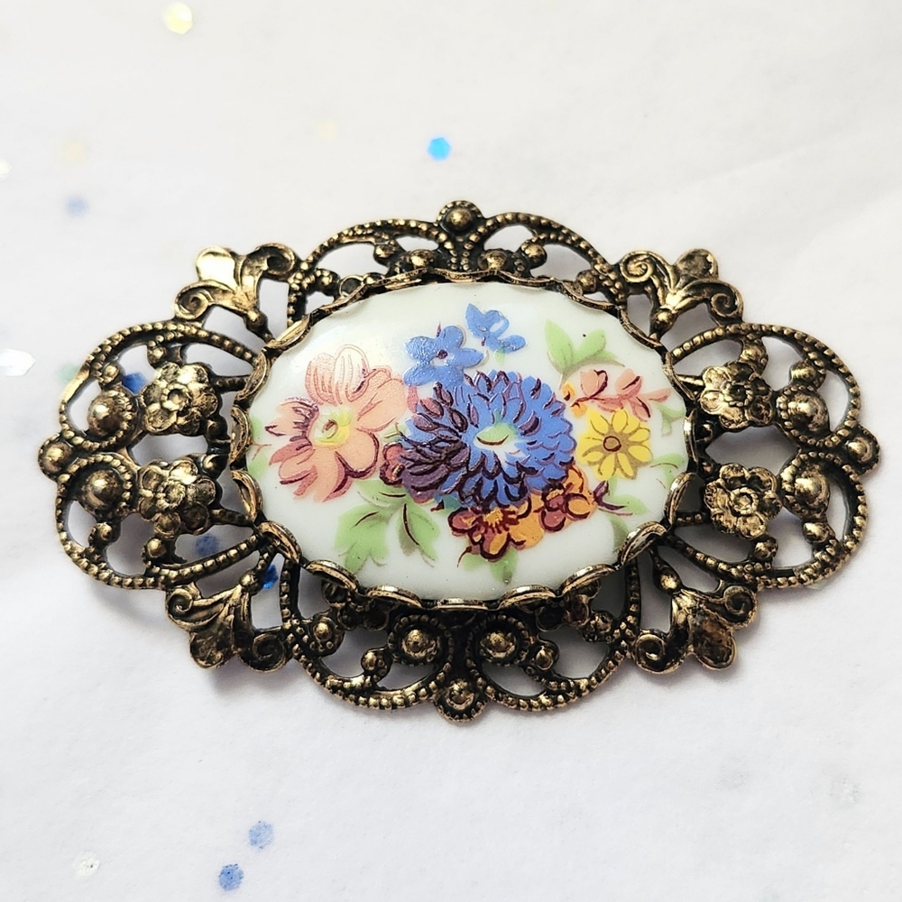Vtg West German Germany Floral Filigree Porcelain Flower Pin Brooch